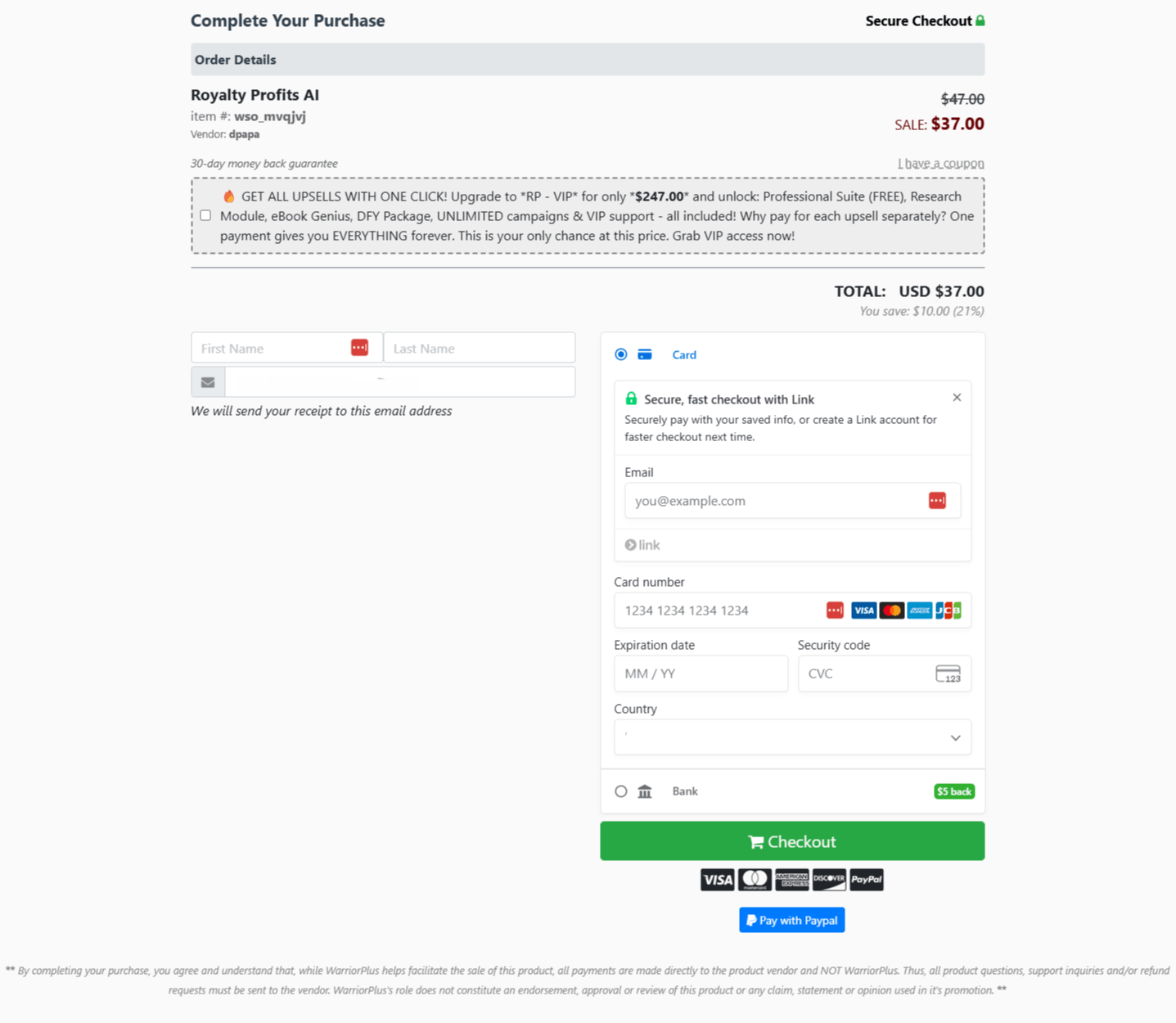 Royalty Profits AI-checkout-page